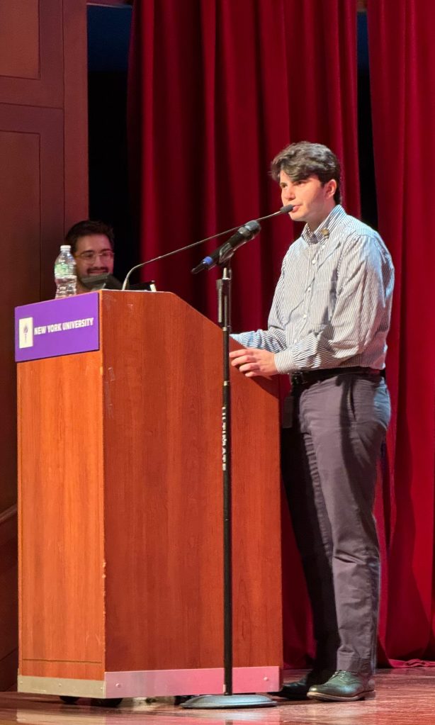 Theo Avedisian introducing @etymologynerd for the NYU League of Linguistics, 2025.