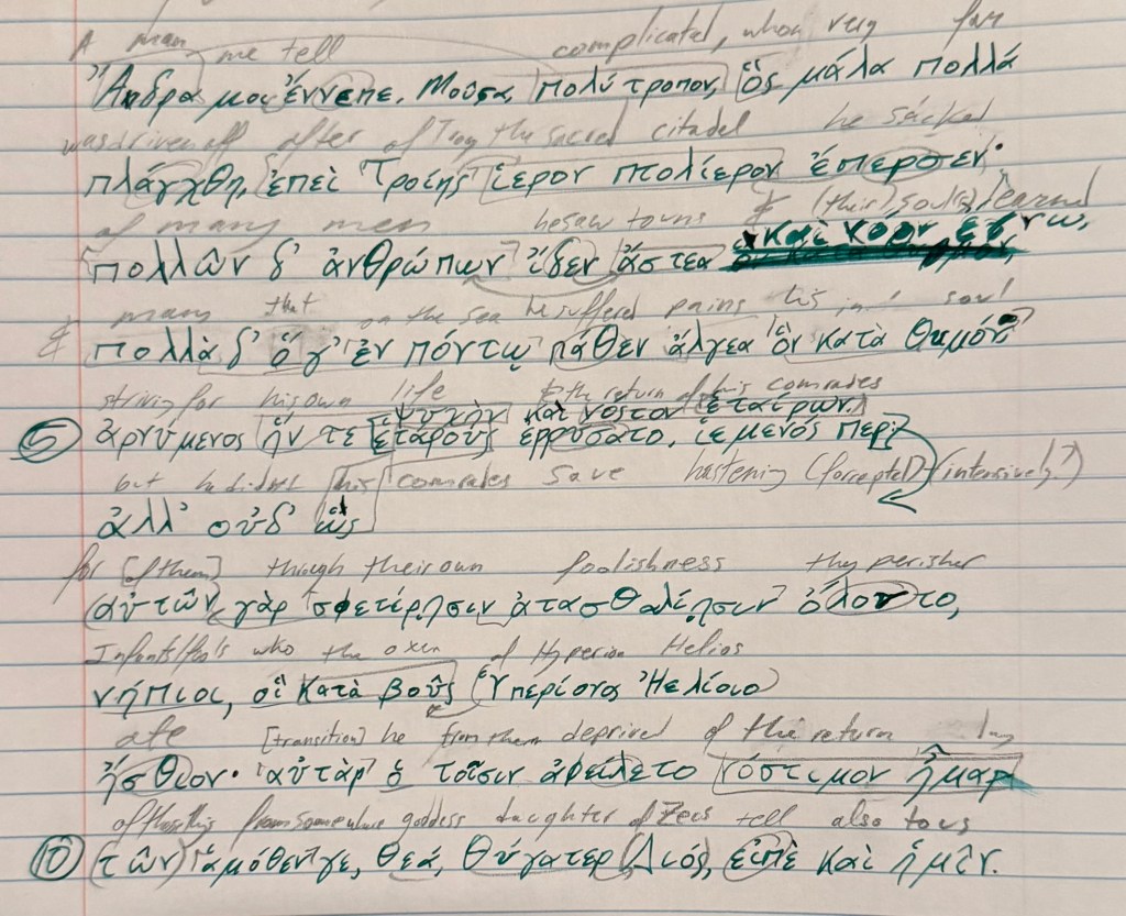 Handwritten markup of Odyssey lines 1–10 in Greek with interlinear notes and translation cues