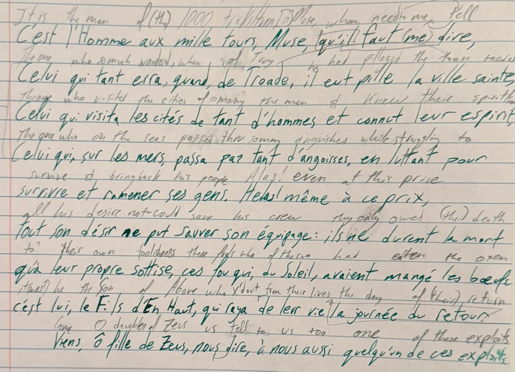 Handwritten markup of Bérard’s French translation of Odyssey lines 1–10 with English glosses and emphasis underlines